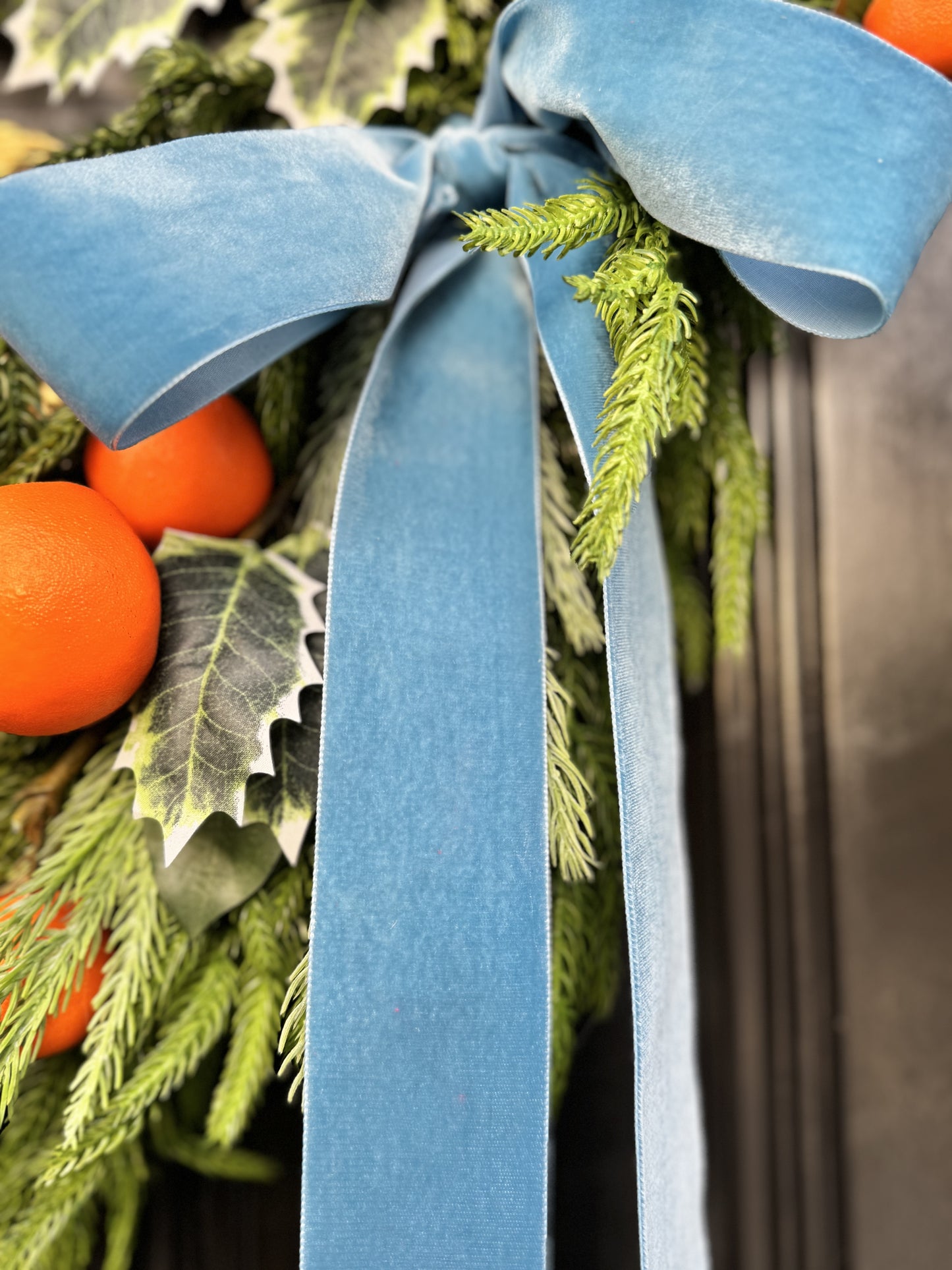 Tangerine & Pinecone Wreath with Blue Ribbon