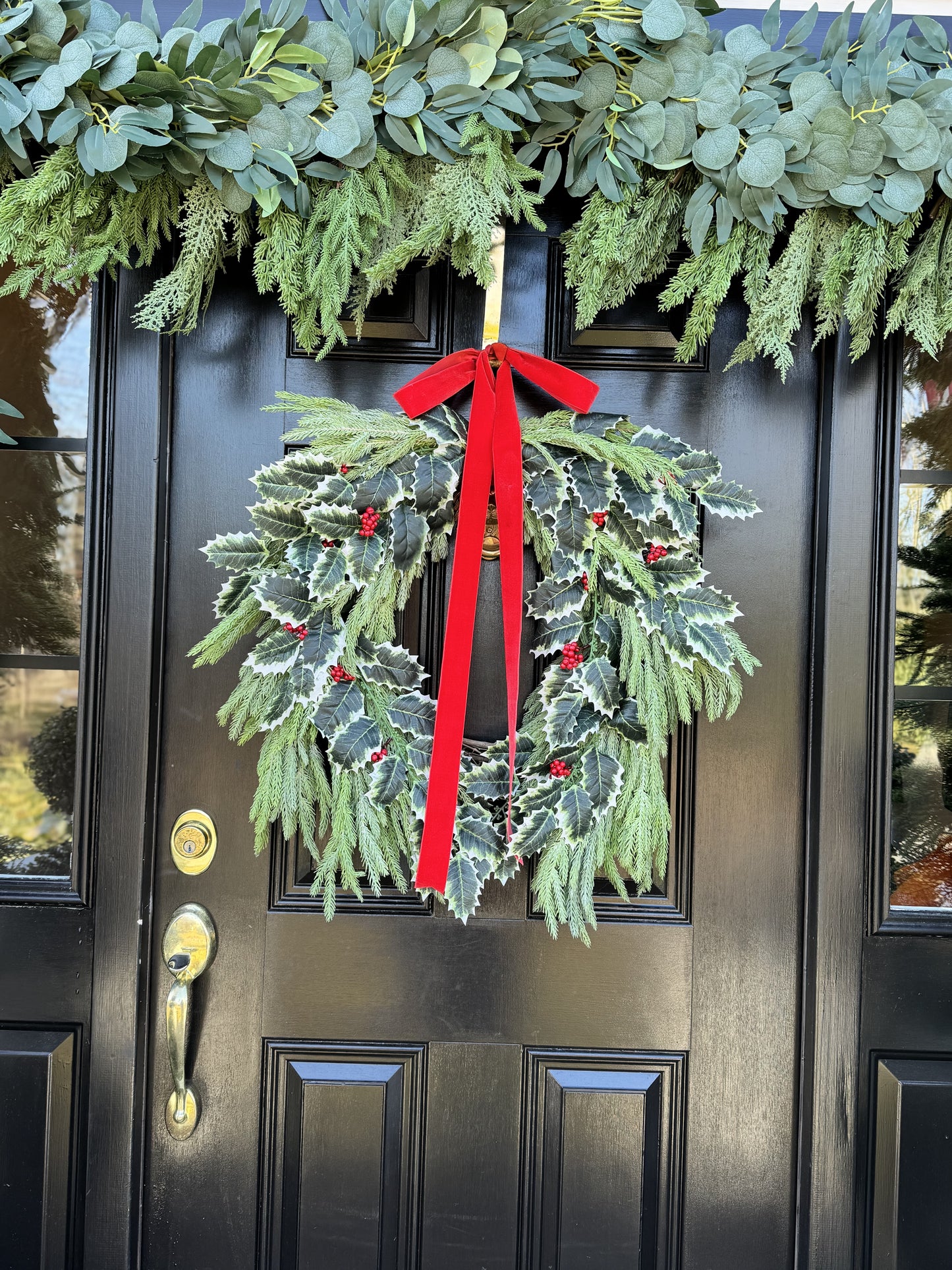 Holly Berry & Spruce Wreath with Red Velvet Bow