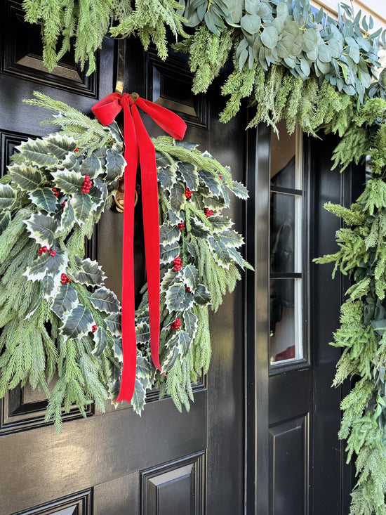 Holly Berry & Spruce Wreath with Red Velvet Bow