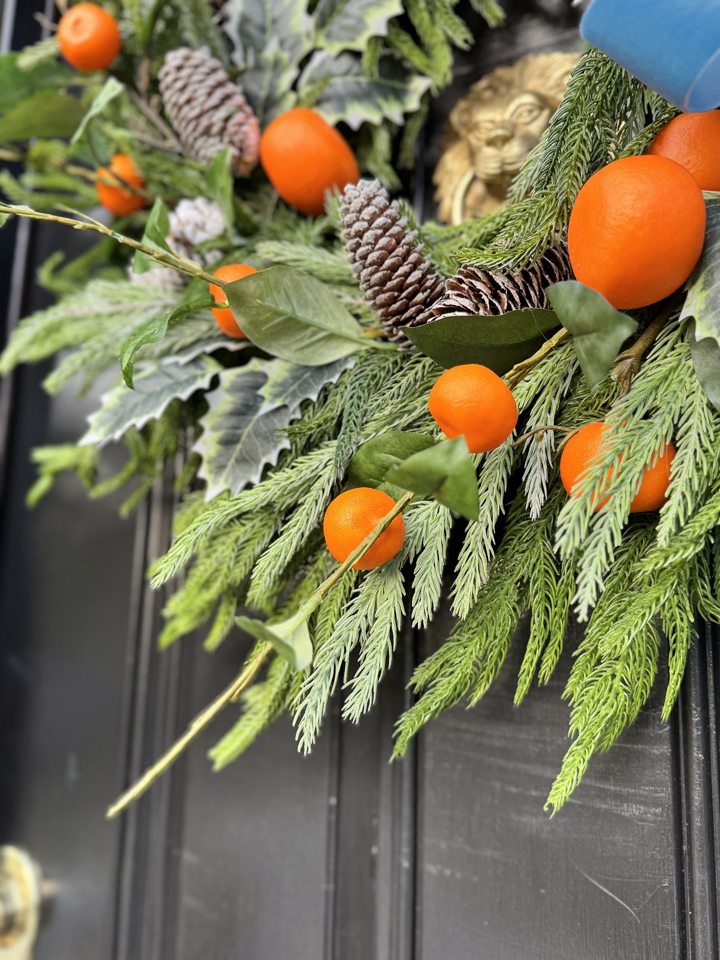 Tangerine & Pinecone Wreath with Blue Ribbon