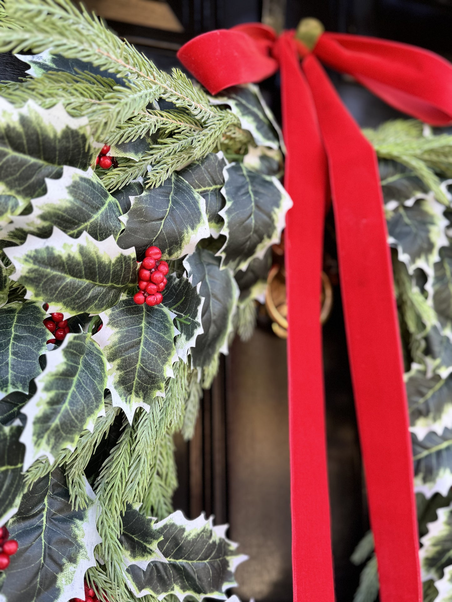 Holly Berry & Spruce Wreath with Red Velvet Bow