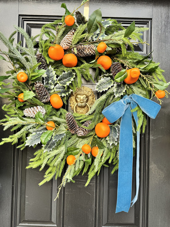 Tangerine & Pinecone Wreath with Blue Ribbon