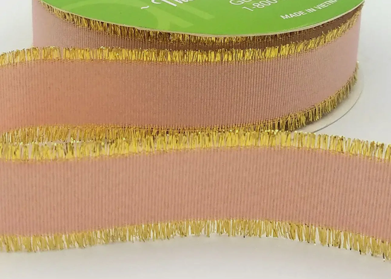 1" Rose Grosgrain Gold Fringe Metallic Ribbon 25 yards