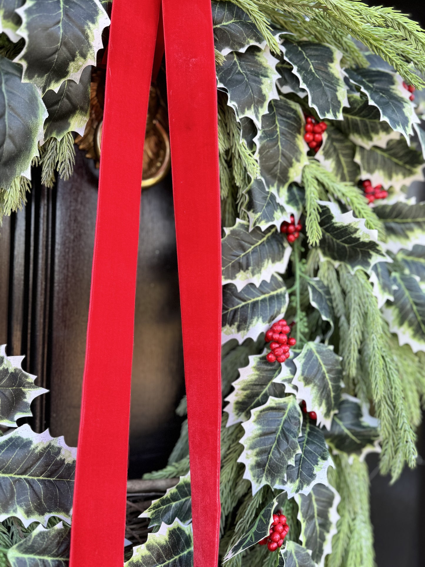 Holly Berry & Spruce Wreath with Red Velvet Bow