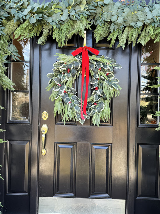 Holly Berry & Spruce Wreath with Red Velvet Bow