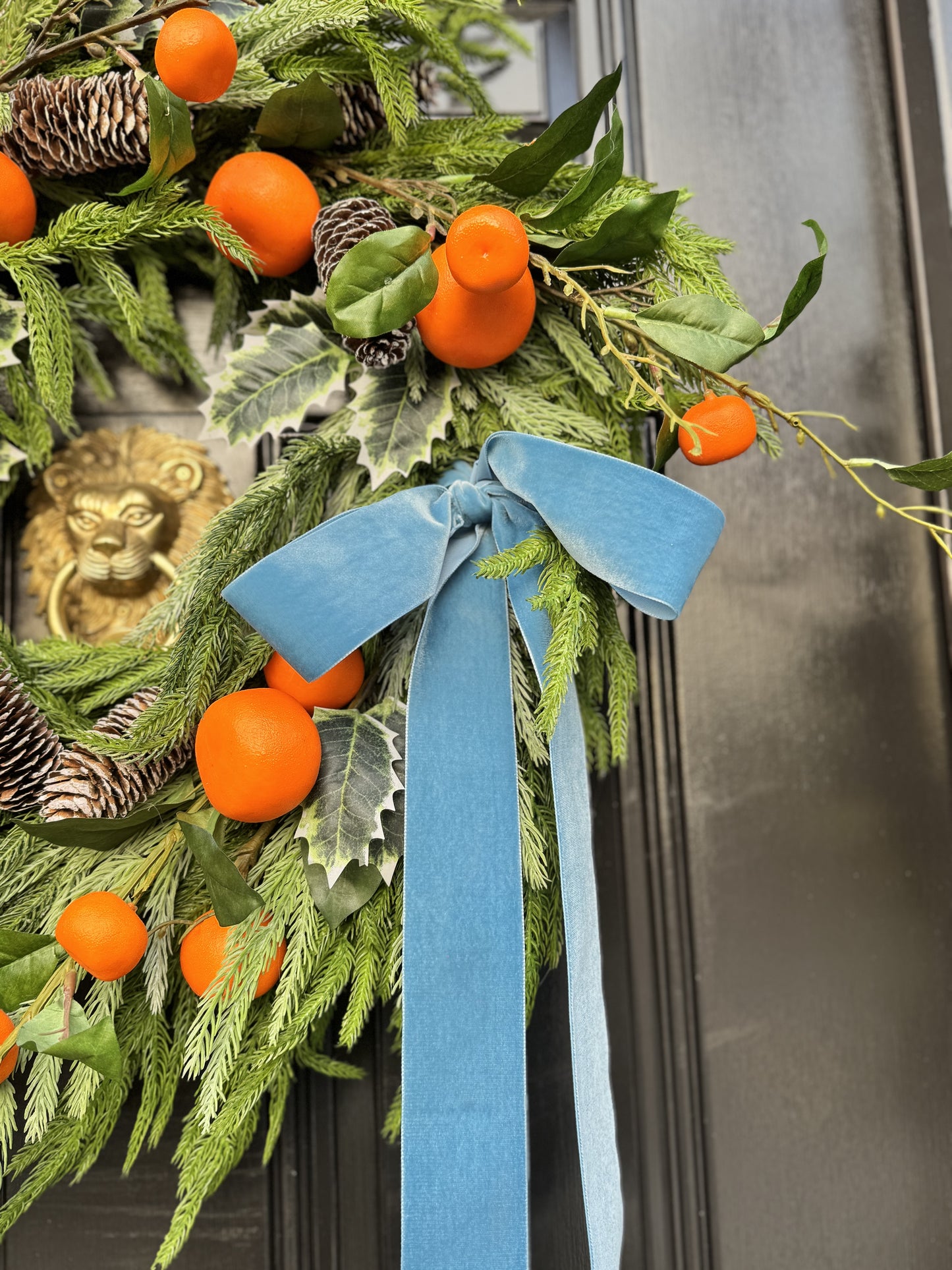 Tangerine & Pinecone Wreath with Blue Ribbon