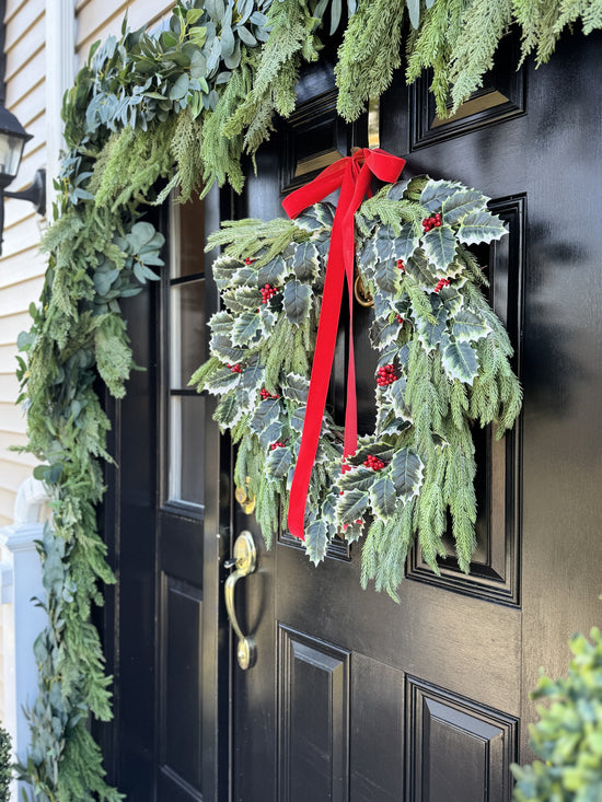 Holly Berry & Spruce Wreath with Red Velvet Bow