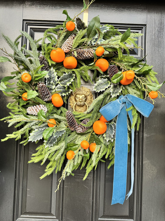 Tangerine & Pinecone Wreath with Blue Ribbon