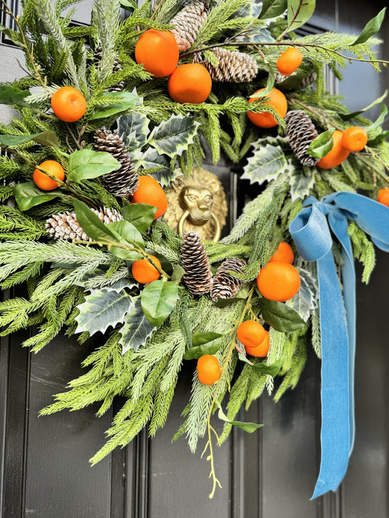 Tangerine & Pinecone Wreath with Blue Ribbon