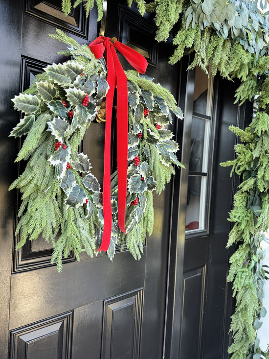 Holly Berry & Spruce Wreath with Red Velvet Bow