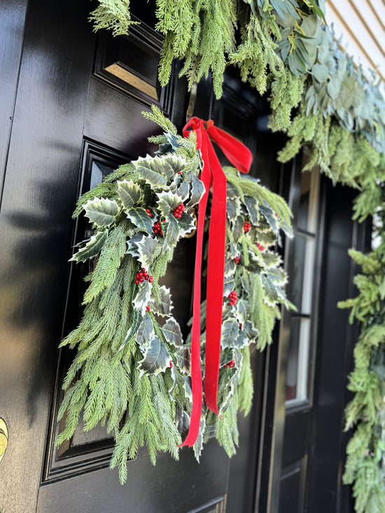 Holly Berry & Spruce Wreath with Red Velvet Bow