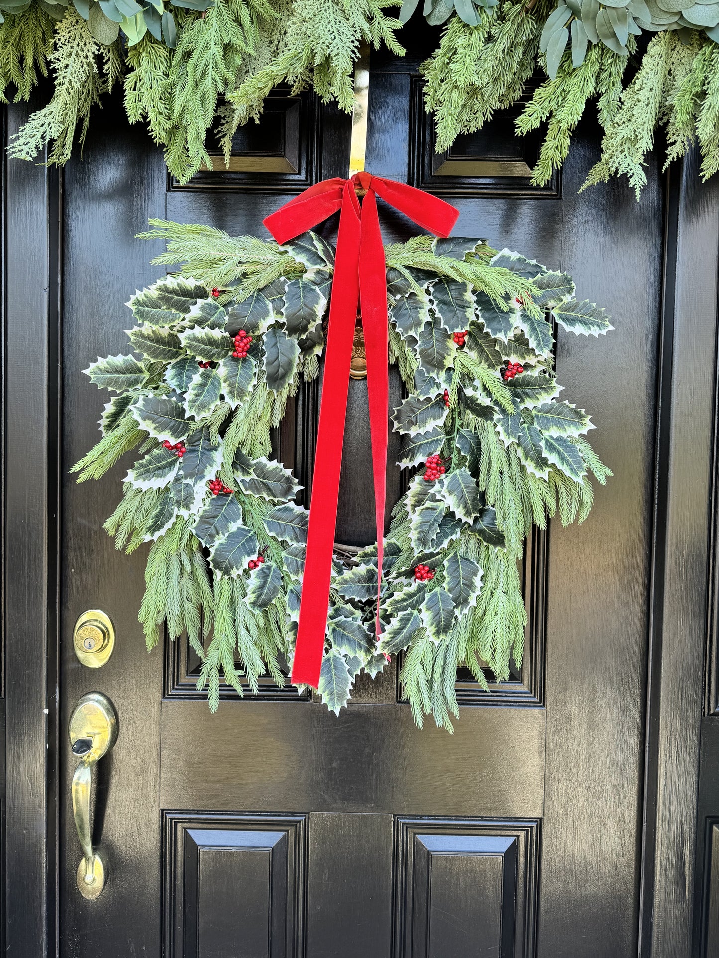 Holly Berry & Spruce Wreath with Red Velvet Bow