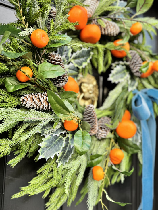 Tangerine & Pinecone Wreath with Blue Ribbon