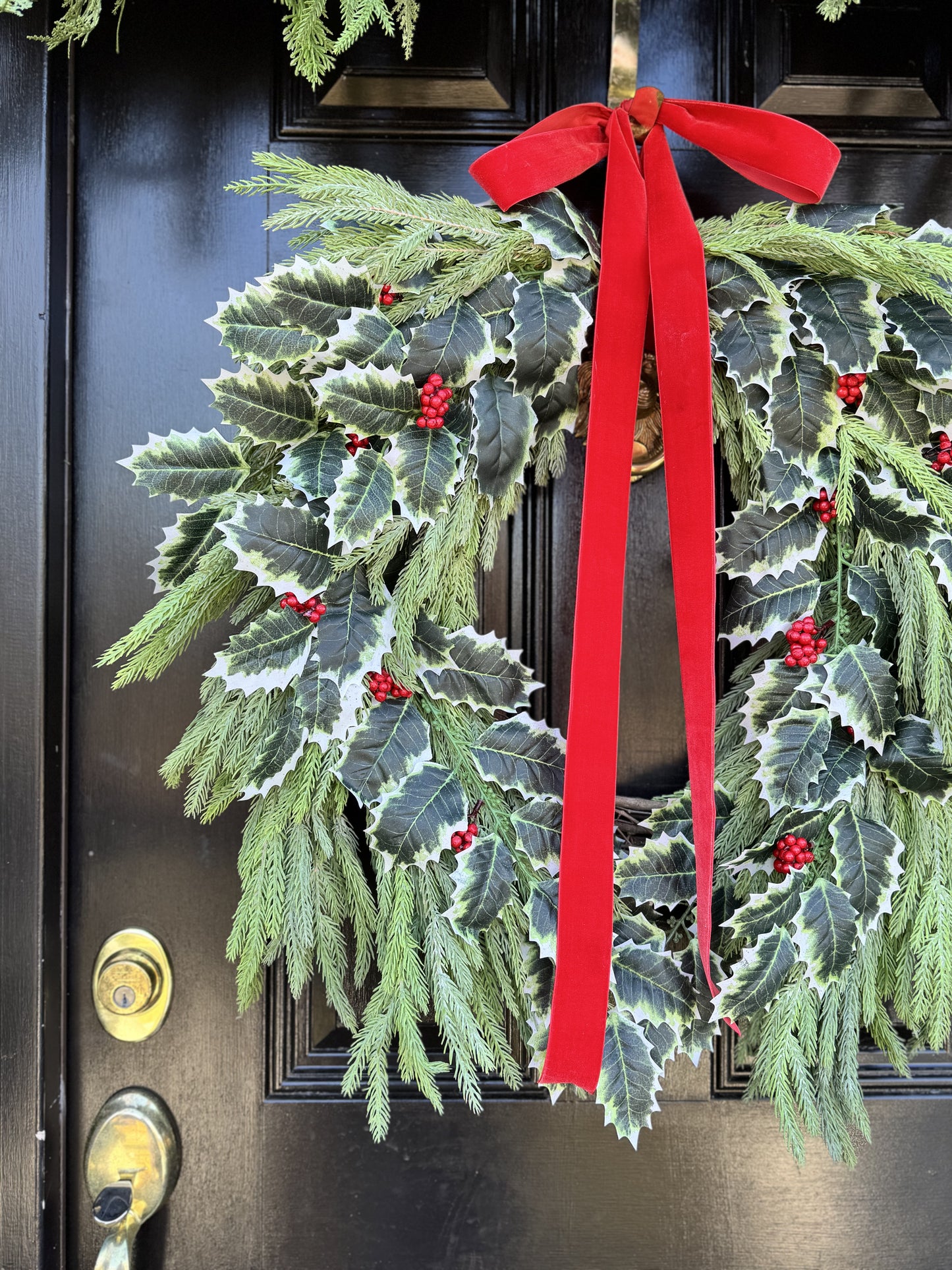 Holly Berry & Spruce Wreath with Red Velvet Bow