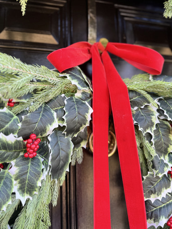 Holly Berry & Spruce Wreath with Red Velvet Bow