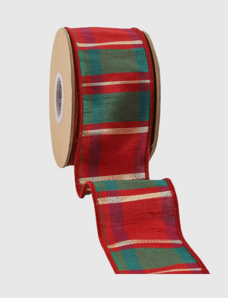 2.5” Wired Dupioni Silk Plaid Ribbon 10 yards