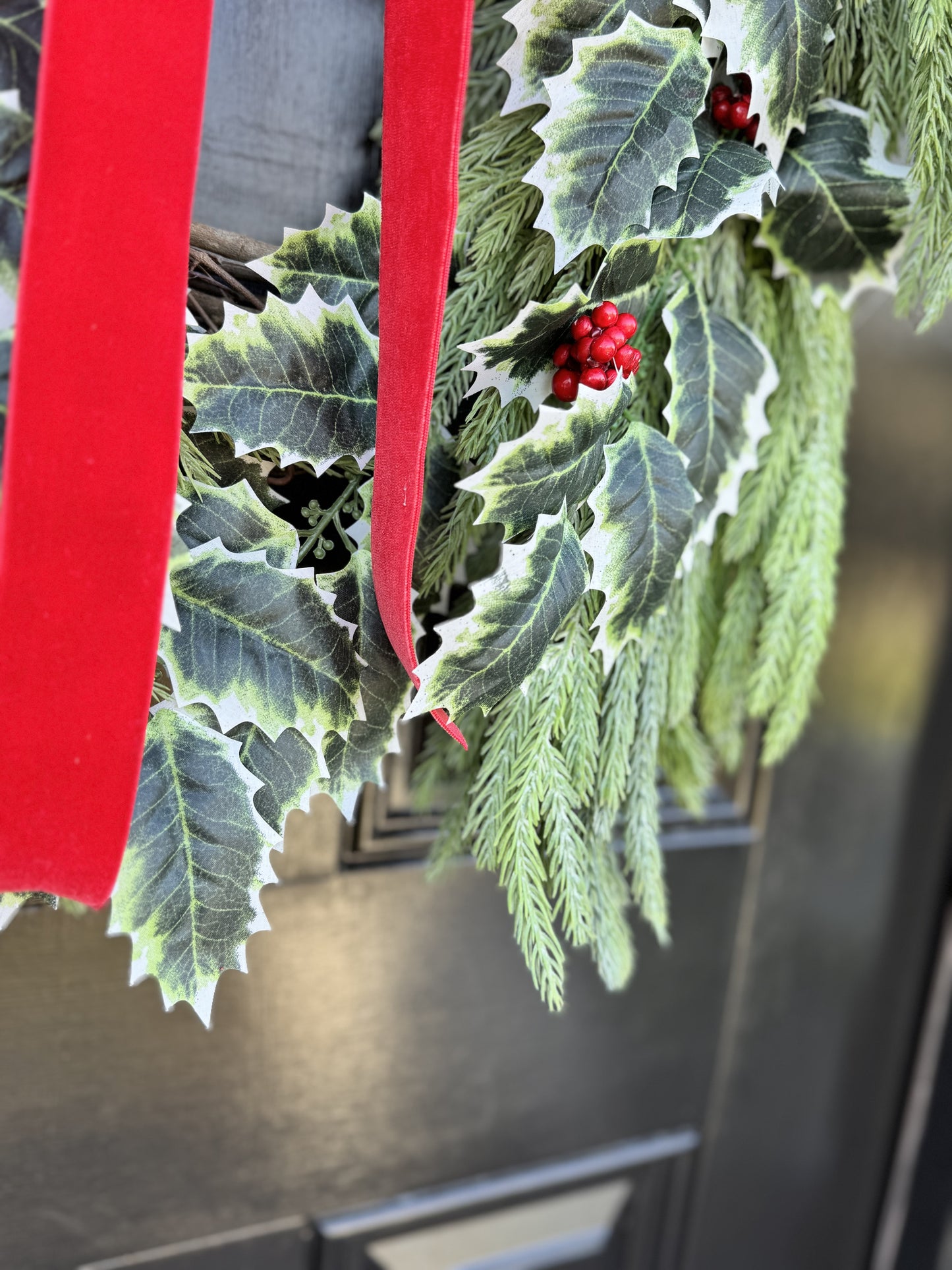 Holly Berry & Spruce Wreath with Red Velvet Bow