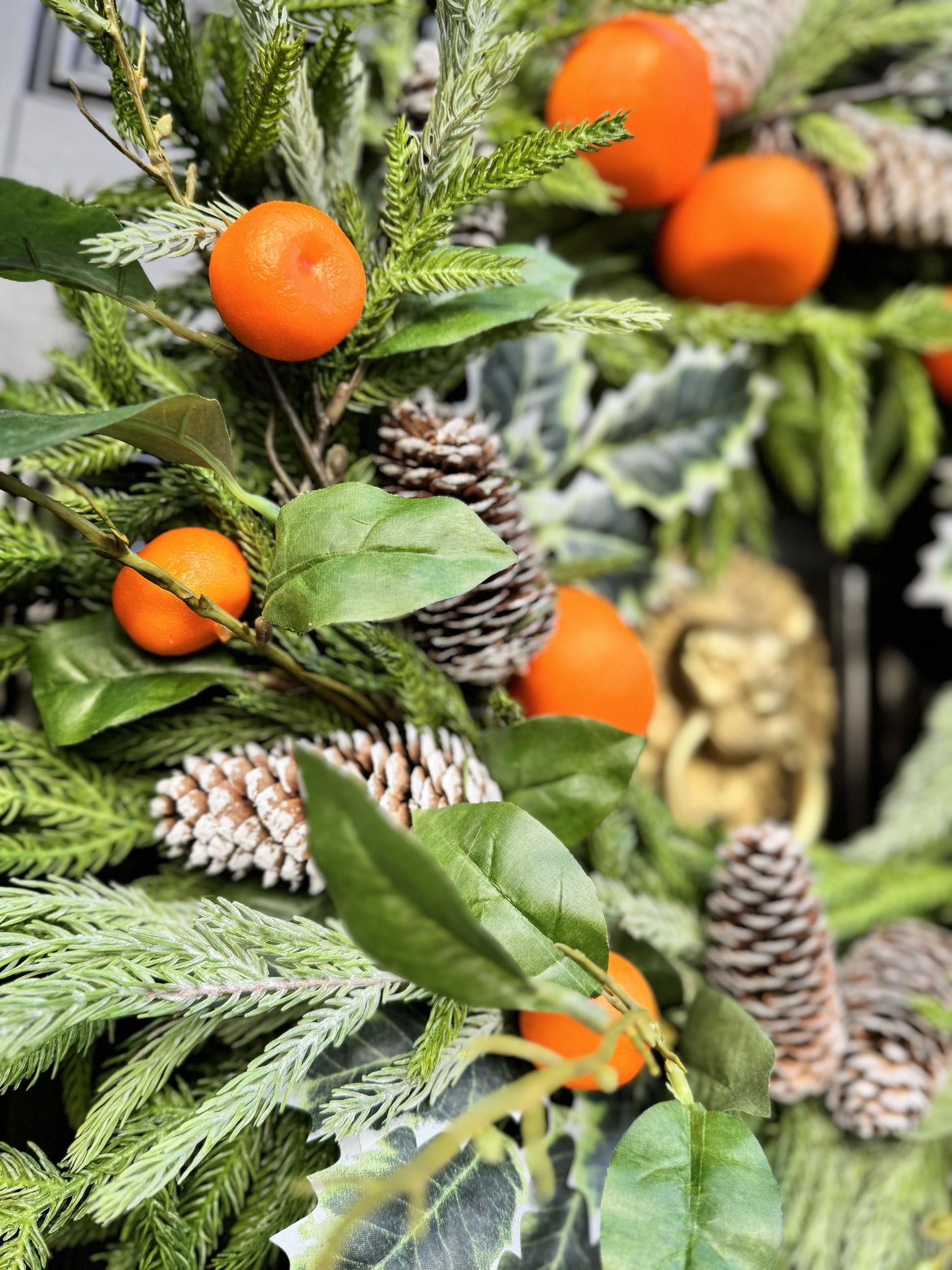 Tangerine & Pinecone Wreath with Blue Ribbon