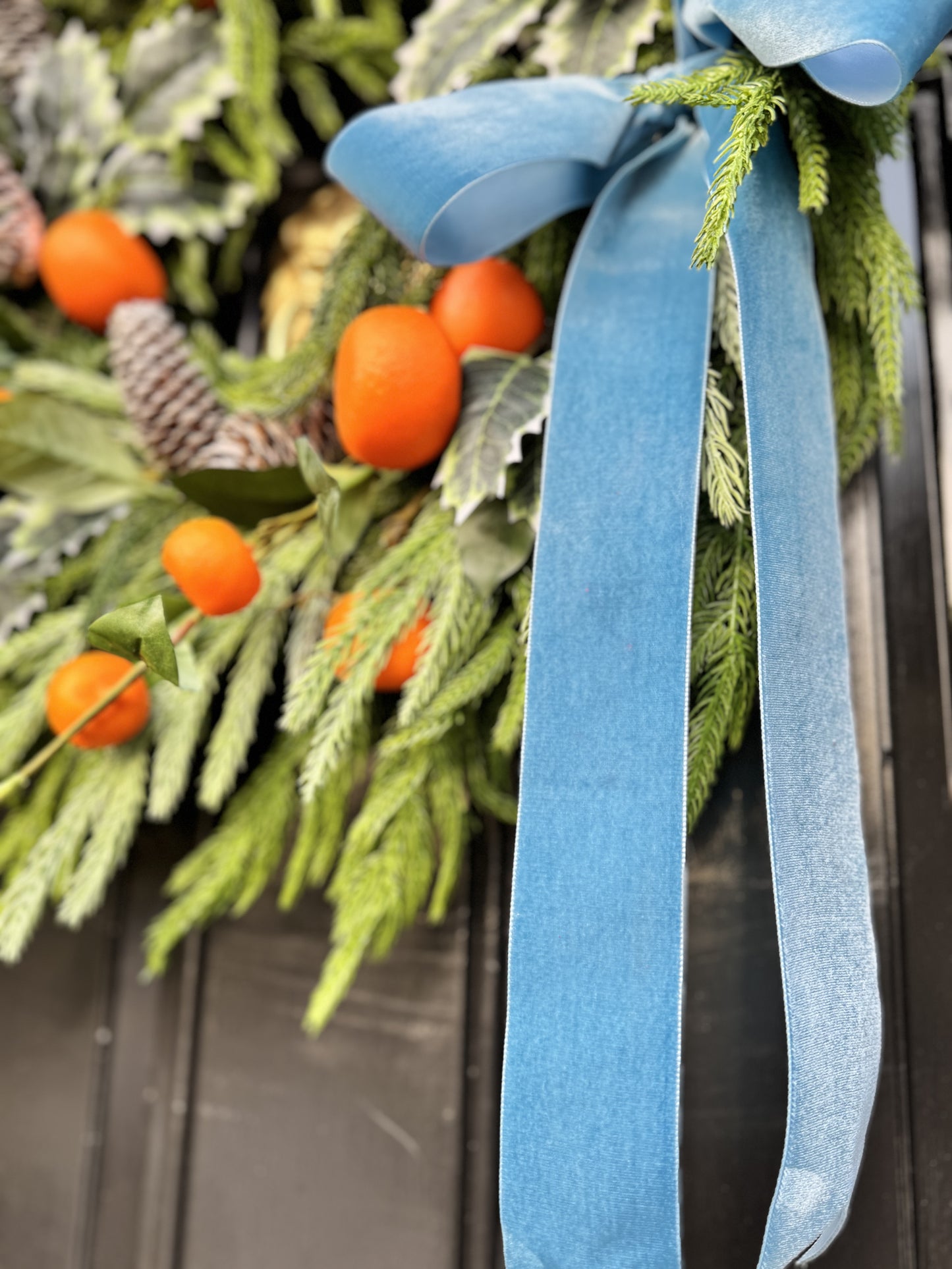 Tangerine & Pinecone Wreath with Blue Ribbon