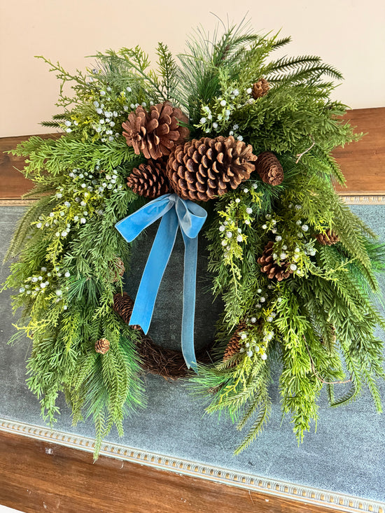 Faux Juniper Berry & Pinecone Wreath with bow