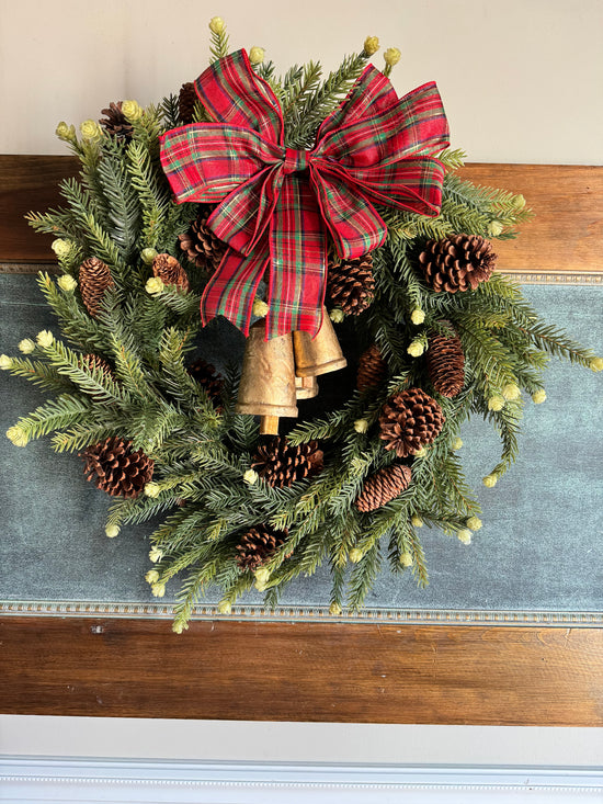 Holiday Bells Wreath with plaid bow