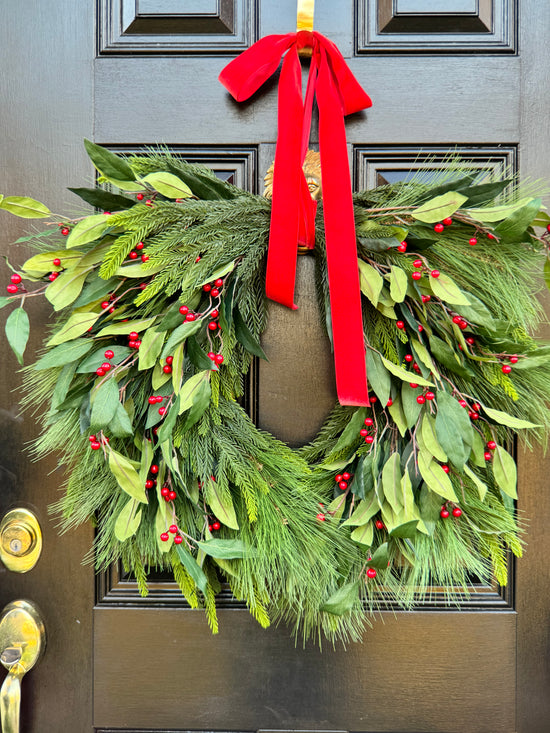 Holly Berry Christmas Wreath with Red Bow