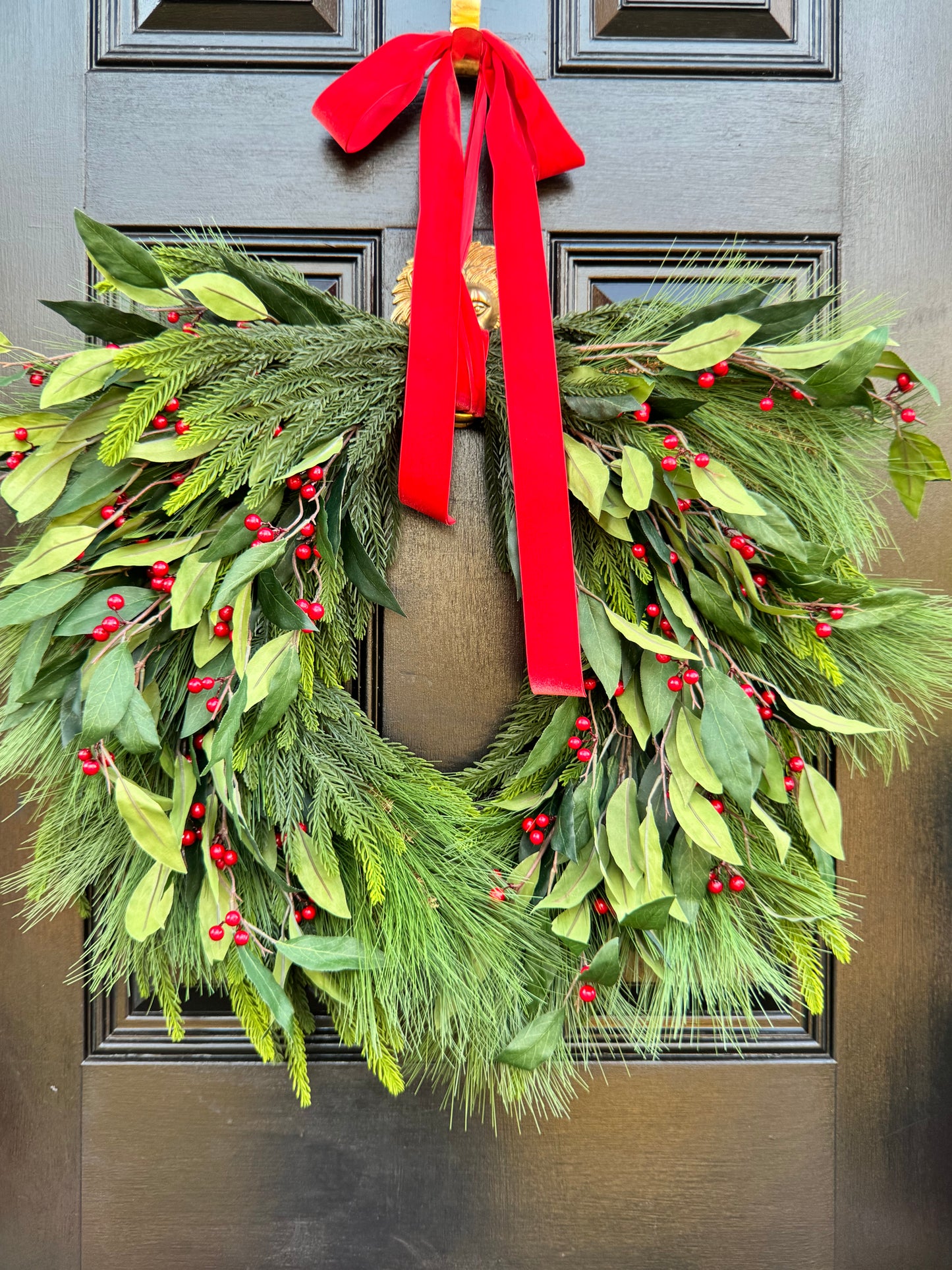 Holly Berry Christmas Wreath with Red Bow