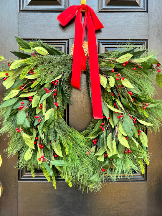 Holly Berry Christmas Wreath with Red Bow