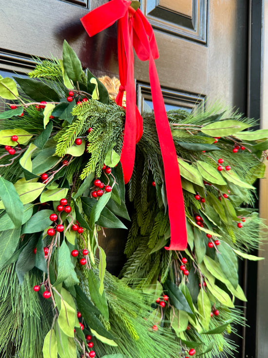 Holly Berry Christmas Wreath with Red Bow