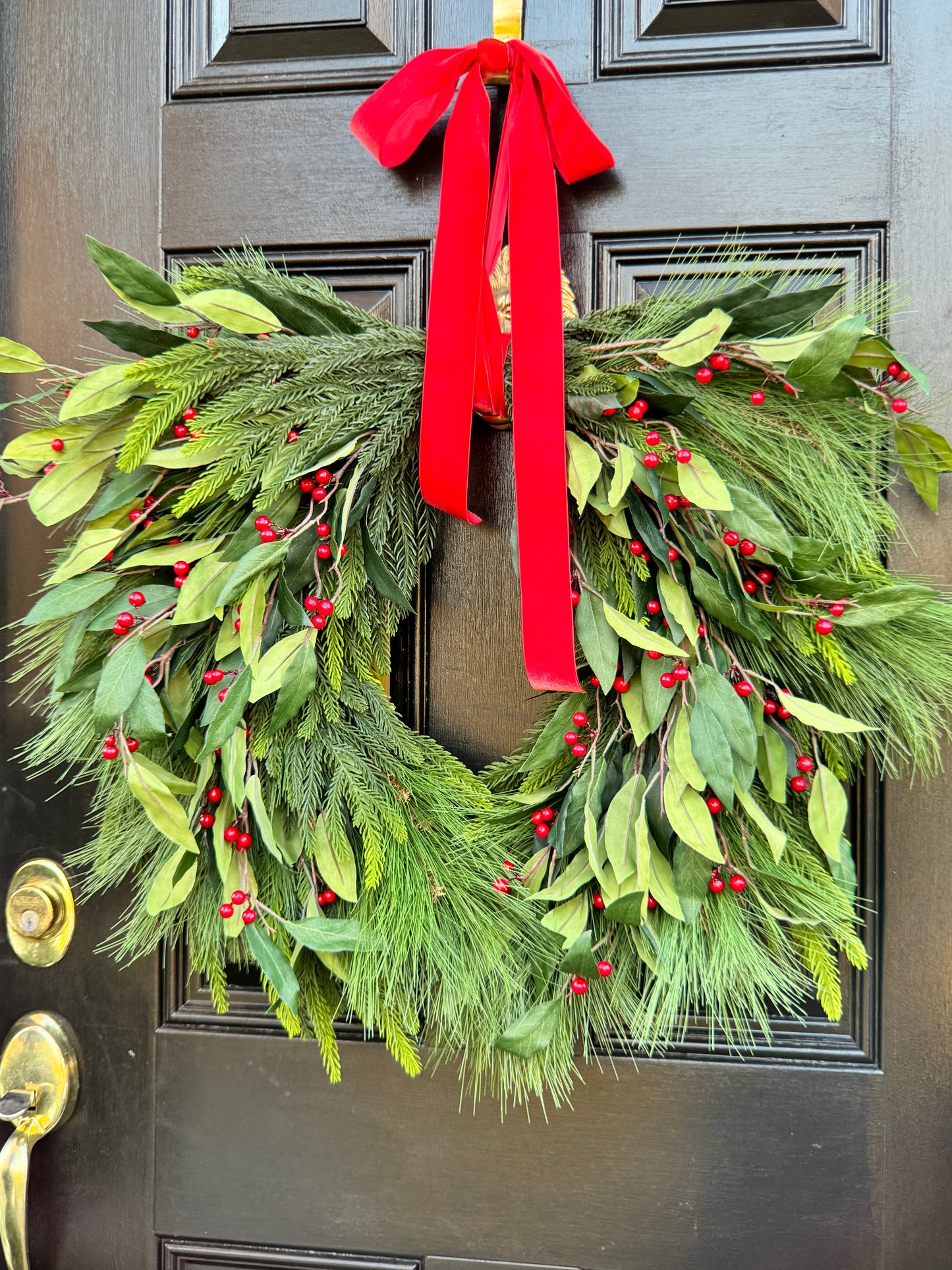 Holly Berry Christmas Wreath with Red Bow