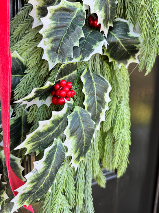 Holly Berry & Spruce Wreath with Red Velvet Bow